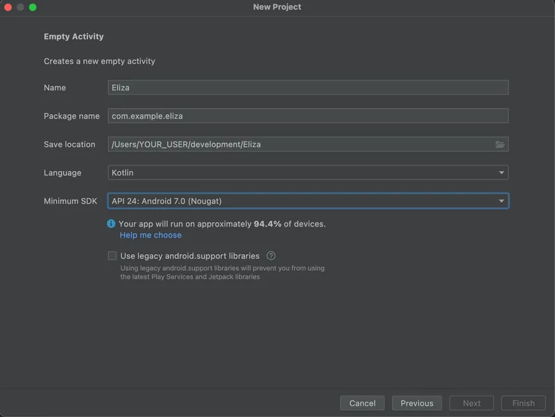 Configure your new Eliza project in Android Studio